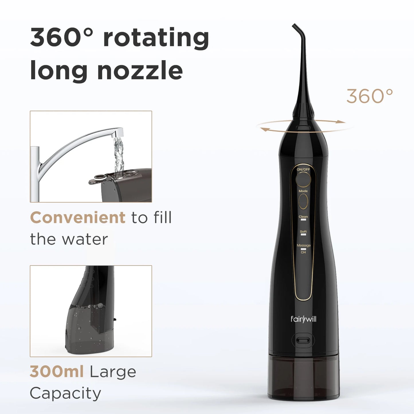 ORAL IRRIGATOR Rechargeable Portable Water Flossers 300ML Dental 3 Modes Water Tank Waterproof Teeth Cleaner