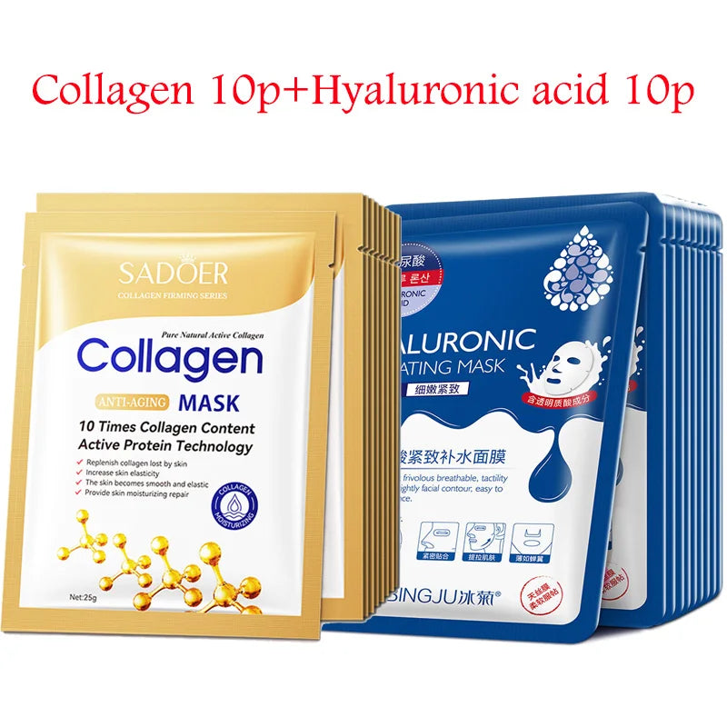 20PCS HYALURONIC ACID COLLAGEN FACE MASK  Deep Hydration & Skin Rejuvenation