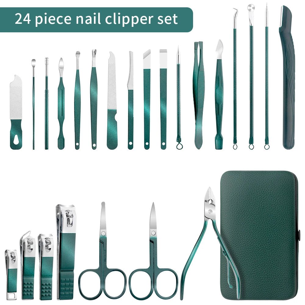 24-PIECE STAINLESS STEEL MANICURE & PEDICURE SET  Portable Nail Clipper and Pedicure Scissors Combo